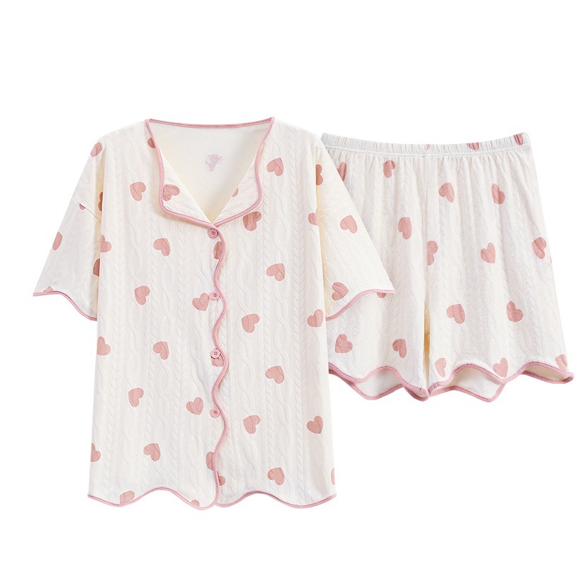 Spring and Summer Women's Cardigan with Chest Pad Pajamas Short-sleeved Shorts Cotton Girl's Cute Home Clothes suit Summer
