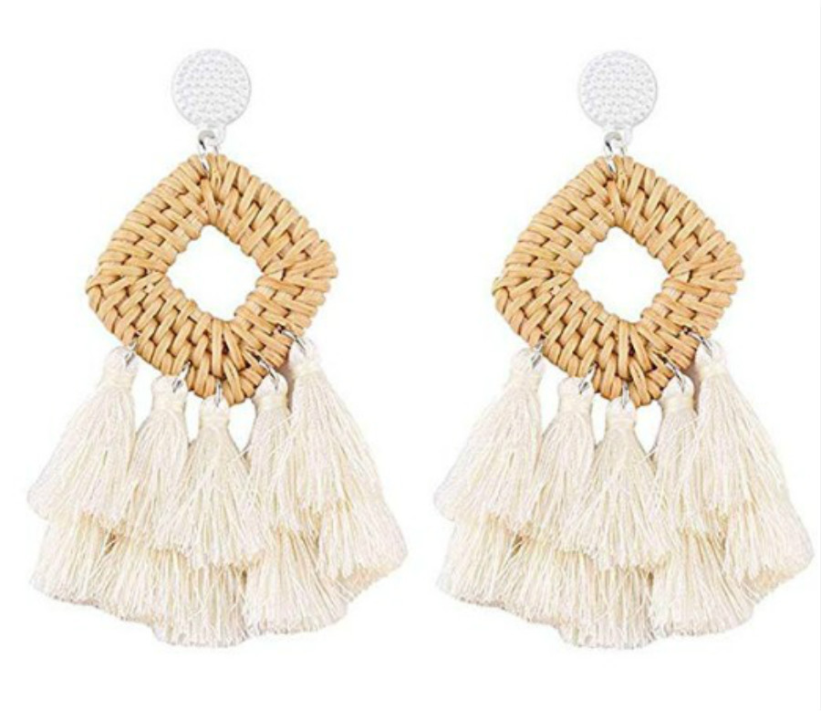 Picture of European and American Cross-Border Amazon Hollow Square Tassel Earrings, Fashionable Retro Personality Geometric Rattan Set Earrings