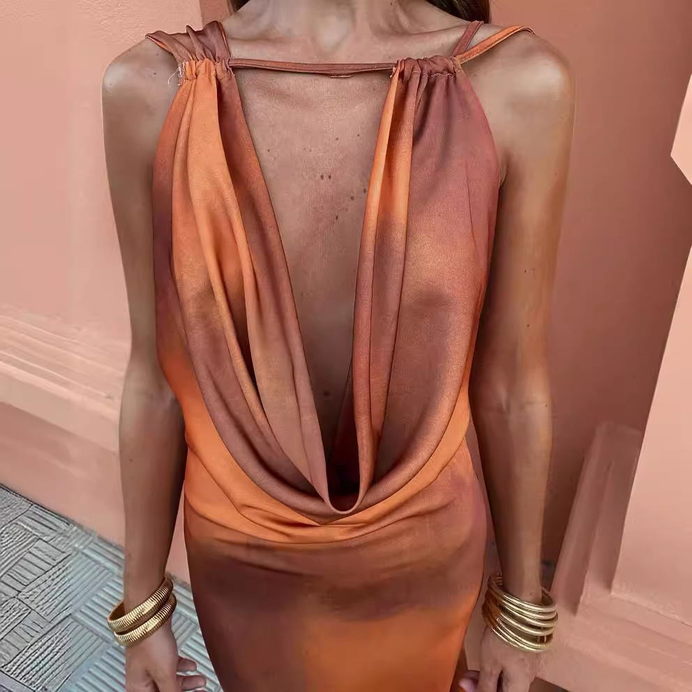 European and American Amazon Foreign Trade 2024 Summer New Sling Slim Fit Swing Neck Satin Gradient Temperament Sexy dress
