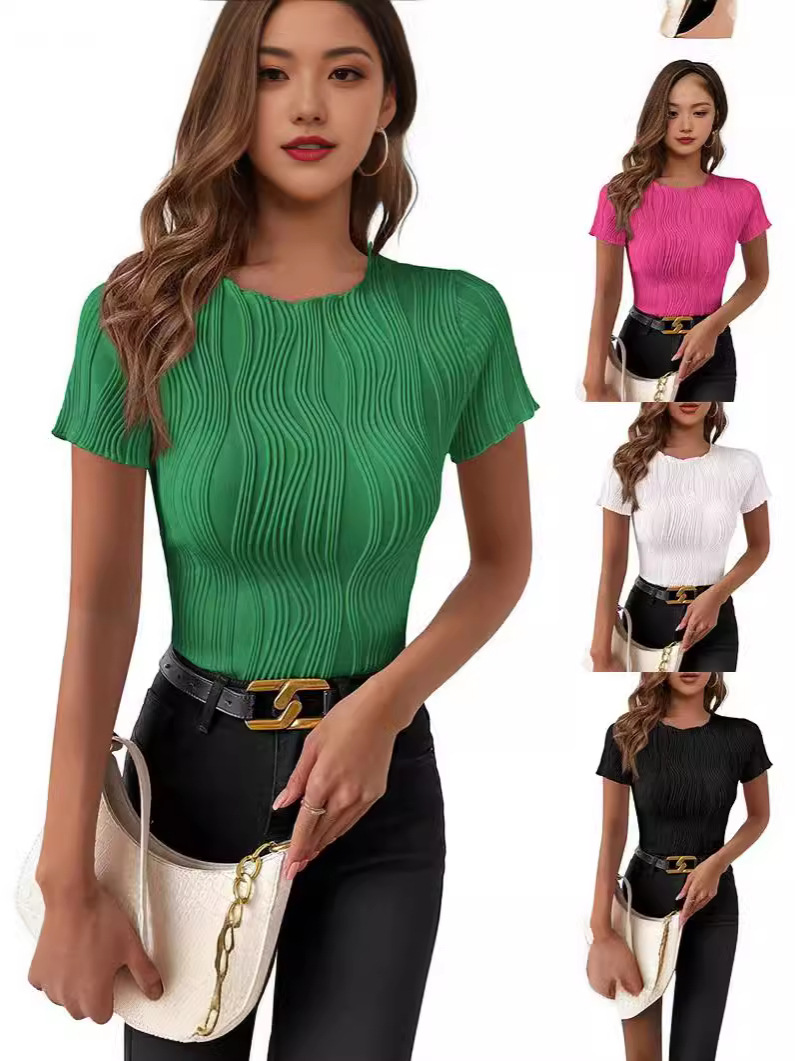 in stock new 2024 summer OL temperament collage pullover round neck slim women's T-shirt agent wholesale