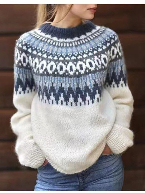in stock Amazon European and American New Sweater Women's Wish Best Selling Round Neck Colorblock Loose Fashion Pullover Sweater