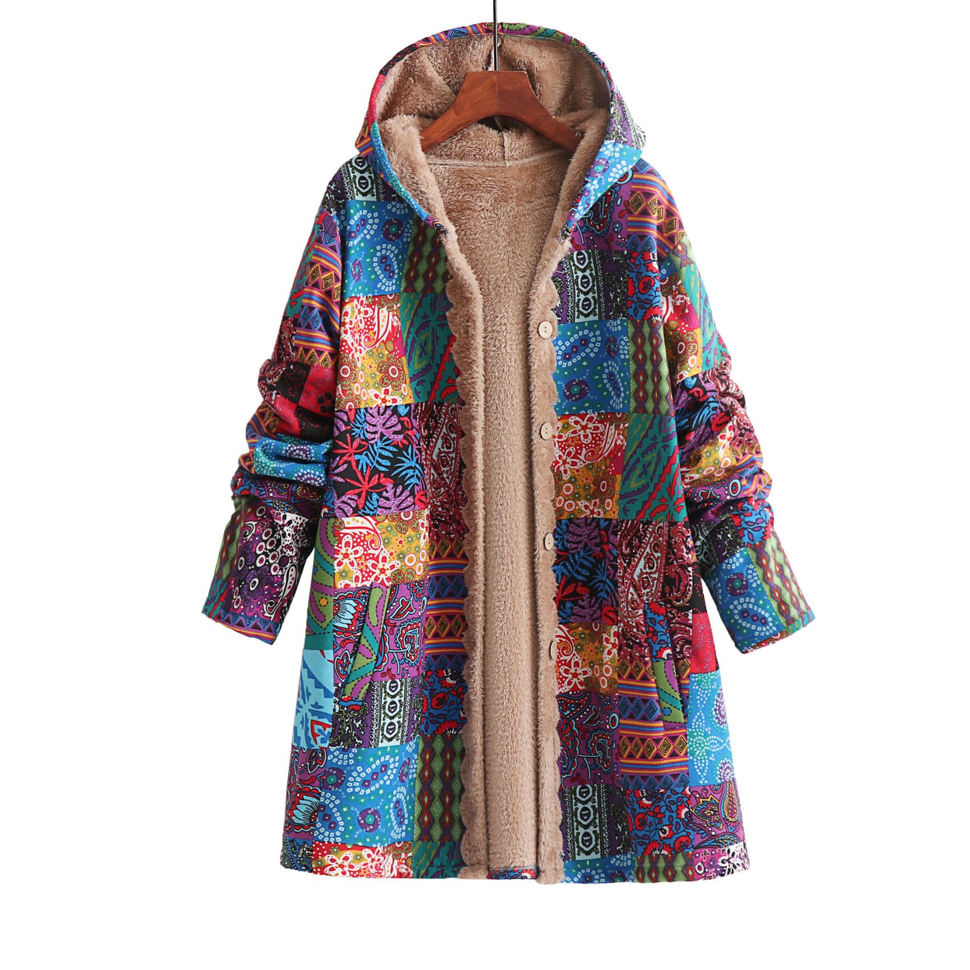 Picture of 2023 Winter Amazon WISH European and American popular new women's cotton and linen printed hooded sweater warm plush coat