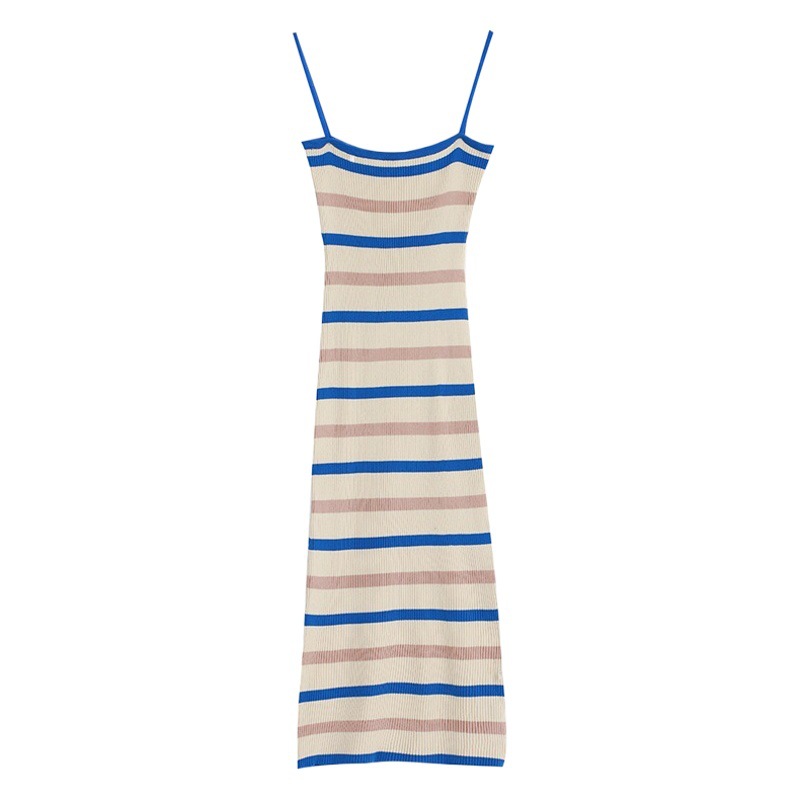 Striped knitted suspender skirt summer off-the-collarbone waistcoat dress women's hot girl waist hip skirt mid-length sleeveless skirt