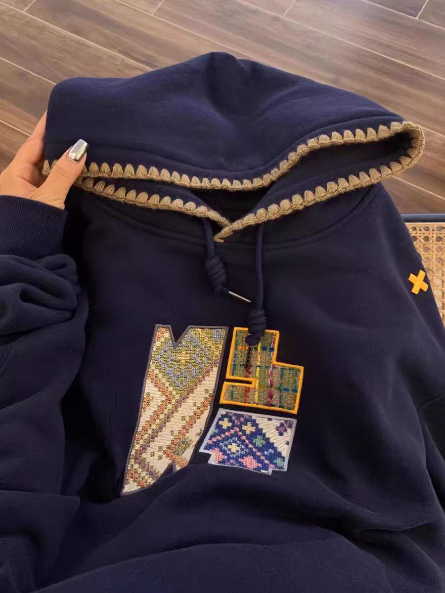 American Style Vintage Embroidered Hooded fleece-lined Thickened Sweatshirt Women's Autumn and Winter Loose Lazy Style oversize Coat Trendy