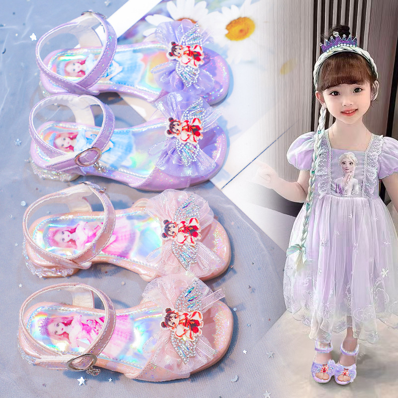 Girls Princess Shoes 2025 Summer New Rhinestone Aisha Sandals Girls Soft Bottom Cartoon Crystal Shoes Beach Shoes