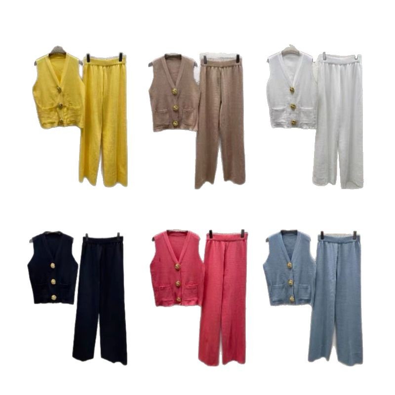 Picture of European Goods Light Luxury Contrast Color Large Gold Button Knitted Cardigan Women's Summer Loose Wide Leg Pants Stylish Fashionable Two-piece Suit Fashion
