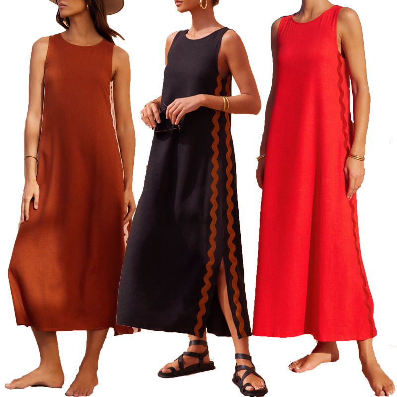 Summer 2025 Europe and the United States cross-border leisure round neck vest solid color new lace stitching long dress women