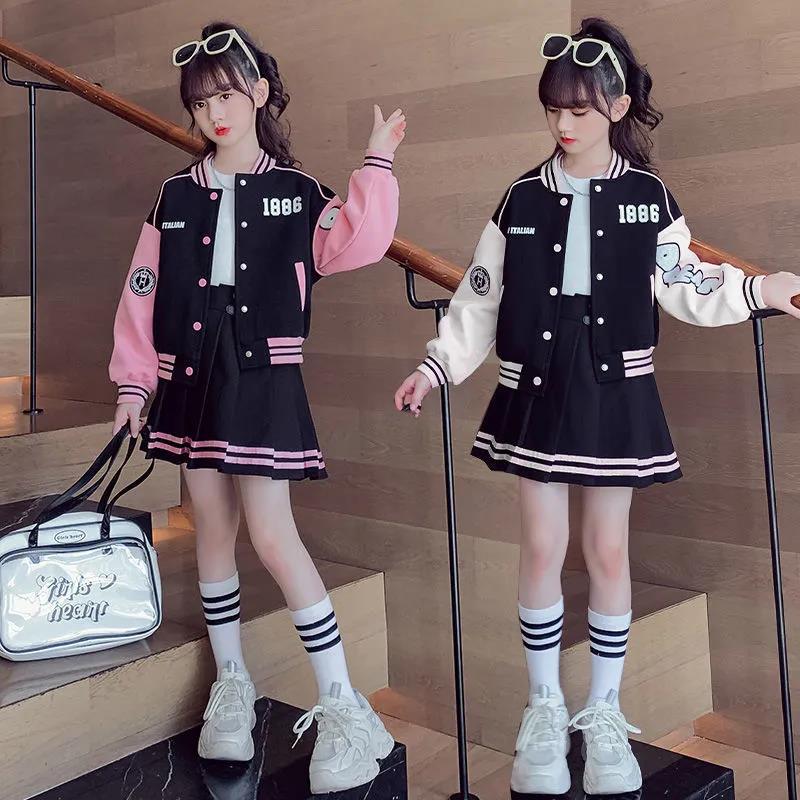 Girls Spring and Autumn Sports Suit 2024 New Korean Version Internet Celebrity Baseball Uniform Jacket Pleated Skirt Children's Two-Piece Trendy Set