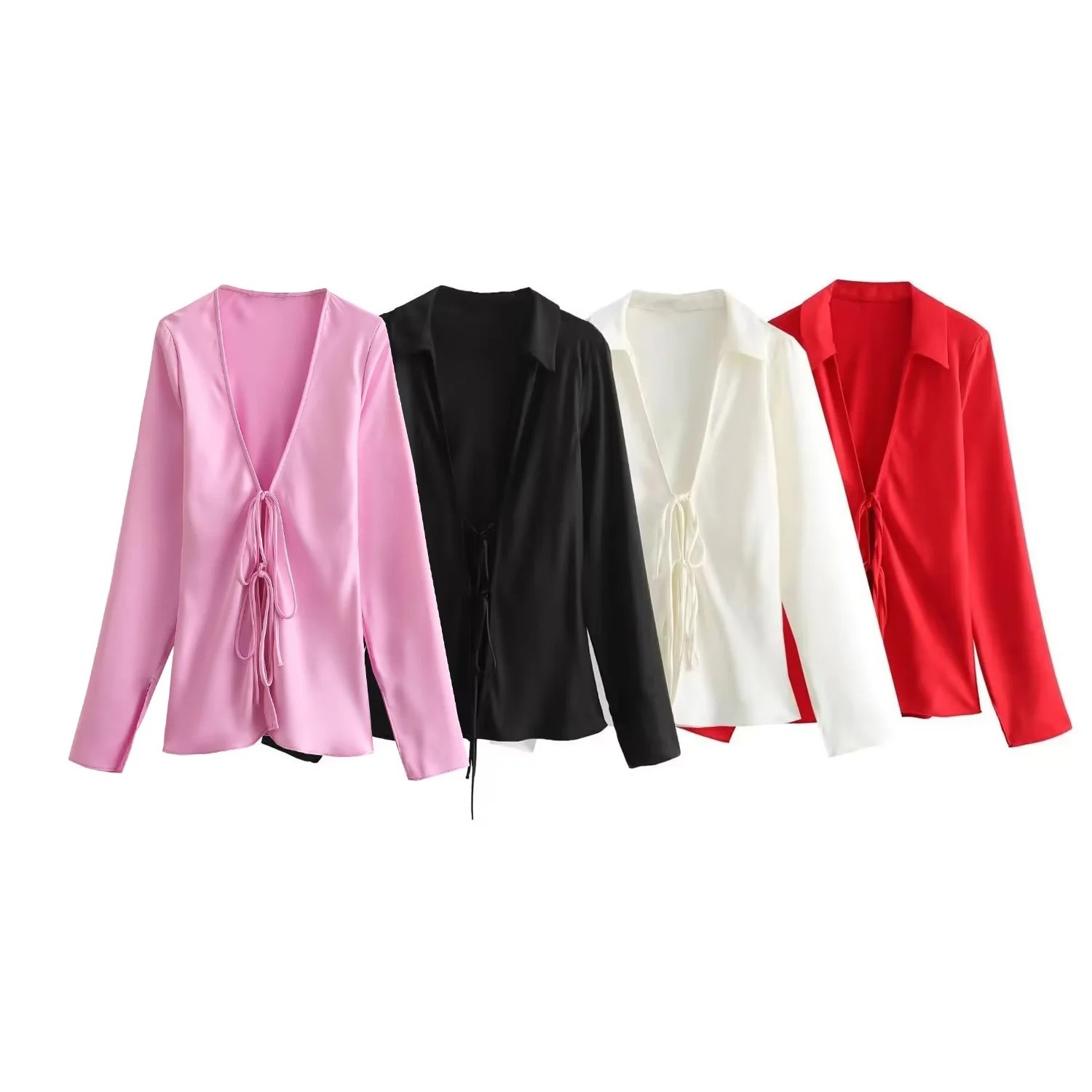 Amazon cross-border 2024 spring new women's Y2K European and American style loose bow silk satin texture shirt