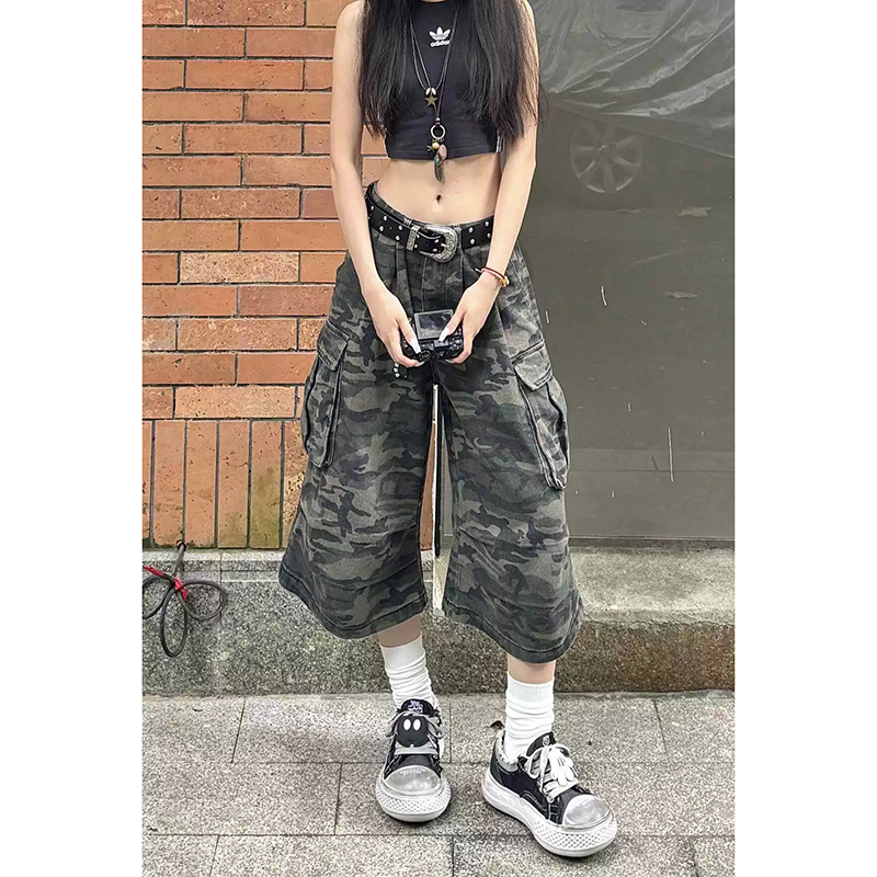American Style Retro Camouflage Wide Leg Jeans Women's Autumn Fashion Harajuku High Waist Loose Straight Tooling Capri Pants