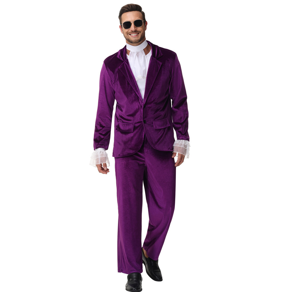 Fashion Newspaper Cosplay Austin Powers Dress up Bar Hippie Cos Dance Performance Suit Purple