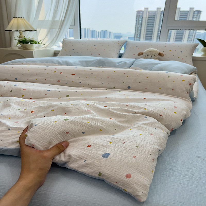 Picture of Double-Layer Gauze Wrinkled Cotton Bed Four-Piece Set Small Fresh Quilt Cover Home Ins Style Floral Summer New Three-Piece Set