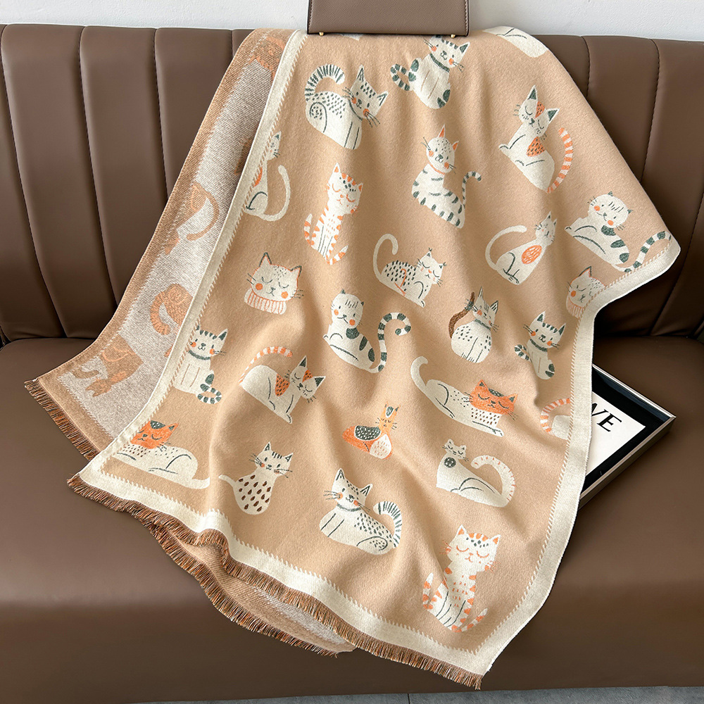 Picture of Cartoon Cute Cat Double-Sided Double-Wearing Imitation Cashmere Women's Winter Thickened Warm Neck Shawl Student Soft