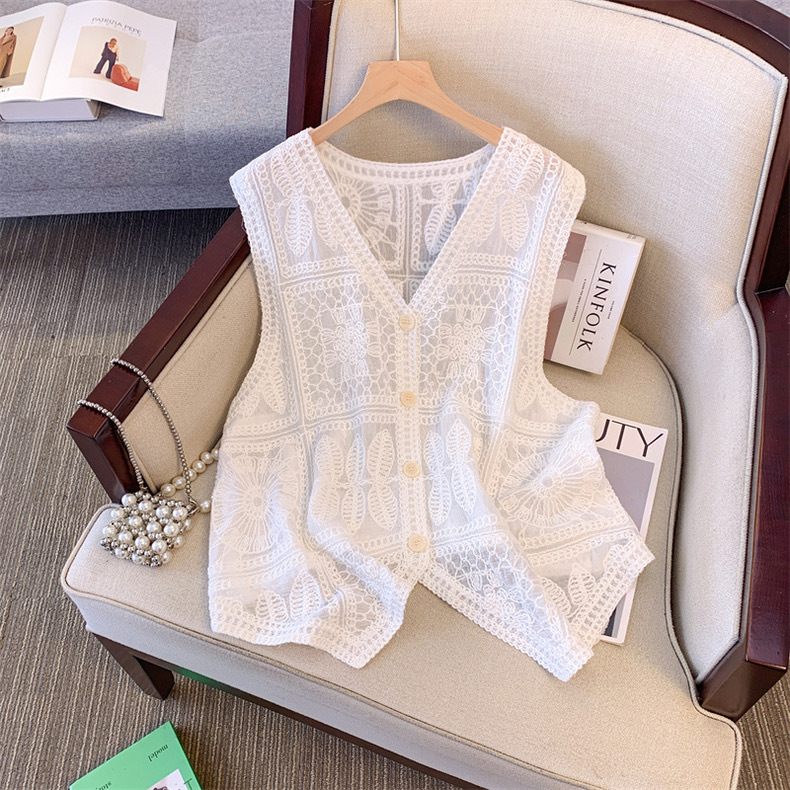 Picture of Strength recommend Solid Color Design Sense Sleeveless Cardigan Vest Women's Summer New French Hollow All-match Top 2025