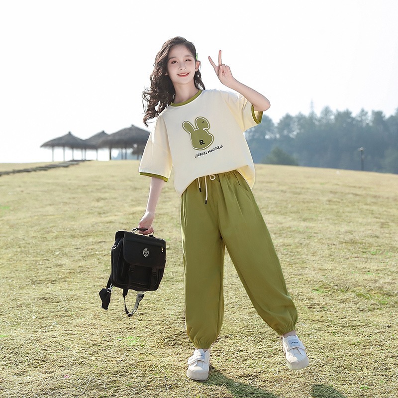 Girls Sports Suit 2025 Summer New Style Children's Clothes Big Children's Clothes Short Sleeve Fashionable Girls Summer Clothes