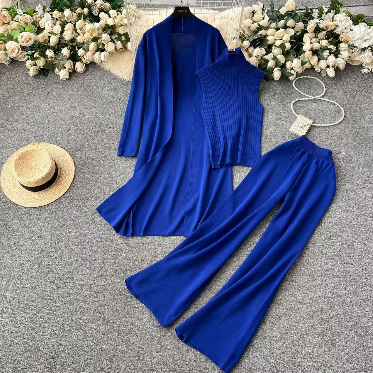 Picture of Cross-border Amazon Spring and Autumn New Lazy Elegant Knitted suit Sleeveless Vest Sweater Cardigan Pants Three-piece Set