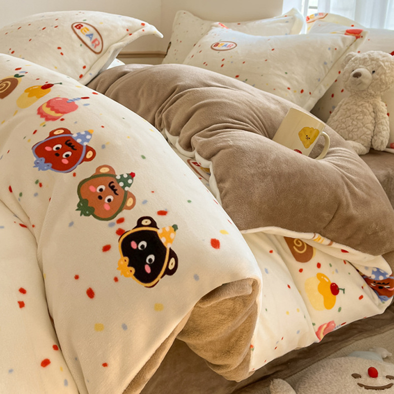 Winter Coral Fleece Four-piece Set Class A Milk Fleece Quilt Cover Thickened Flannel Bedding fleece-lined Bed Sheet Quilt Cover
