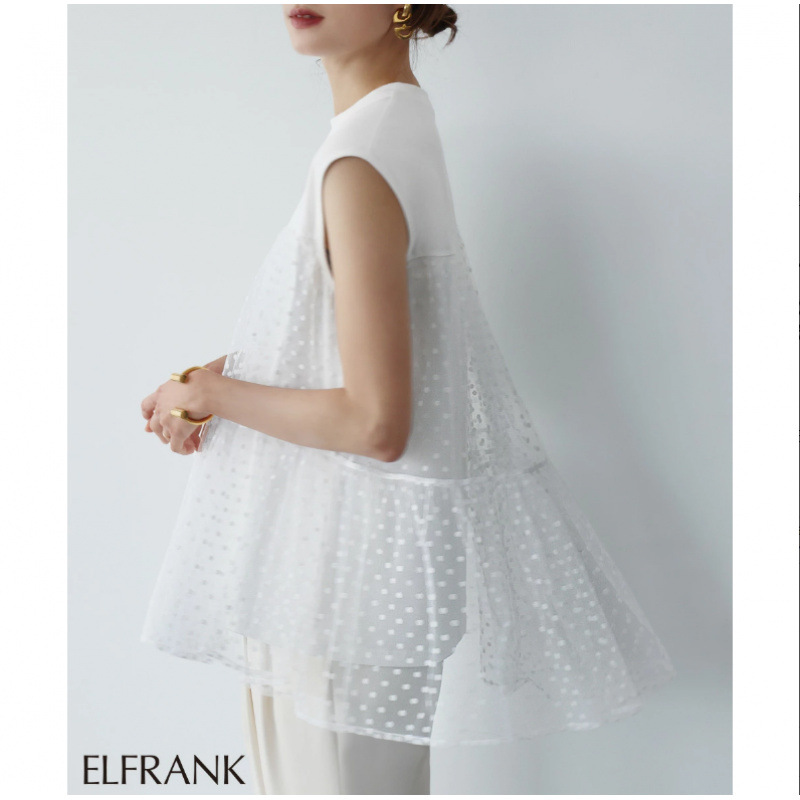 Foreign Trade Japanese Polka Dot Mesh Splicing Sleeveless Shirt Women's Summer Fashion Sweet Age-Reducing Lace Loose Top