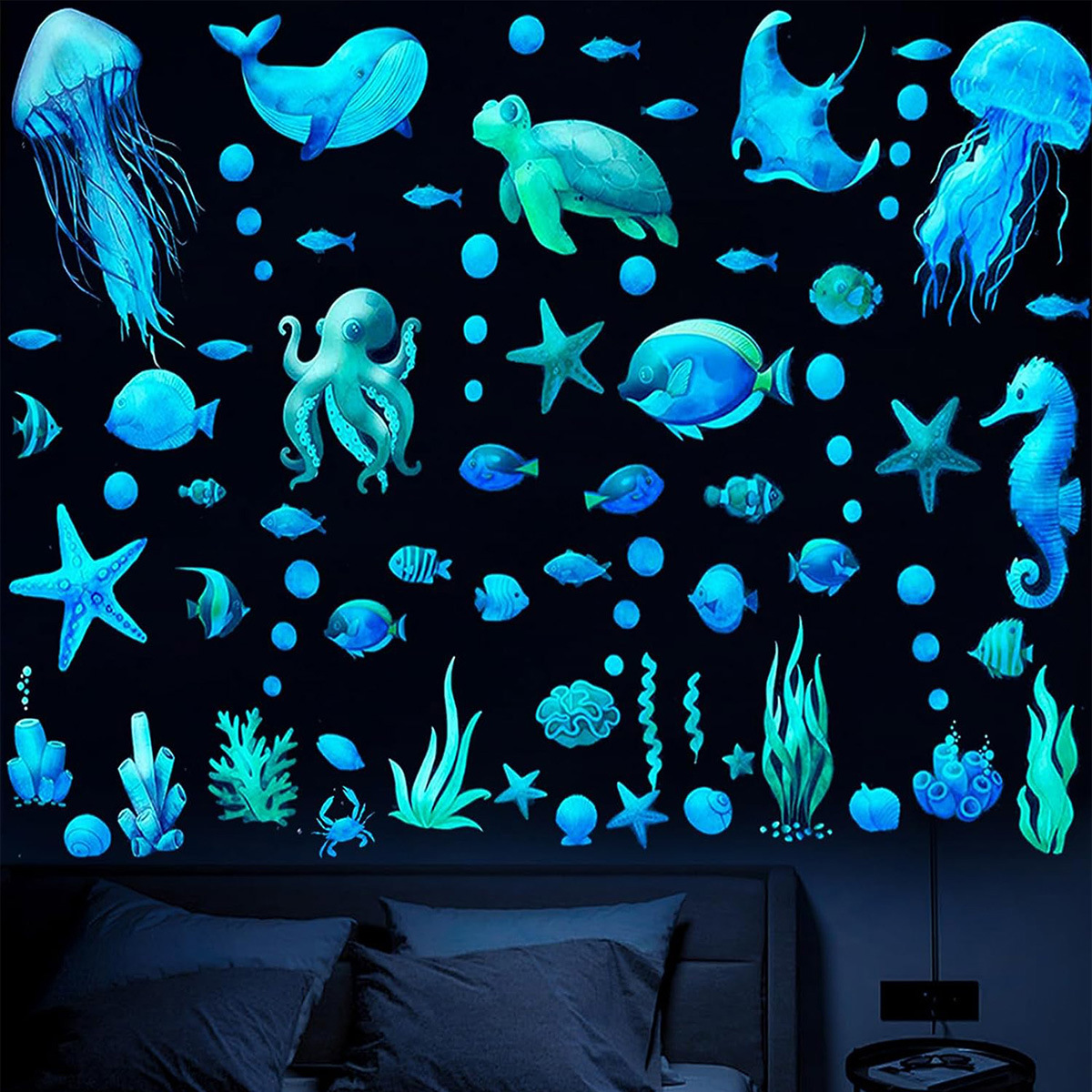 Submarine animal luminous watercolor jellyfish whale combination luminous fluorescent stickers children's room living room bedroom decoration luminous