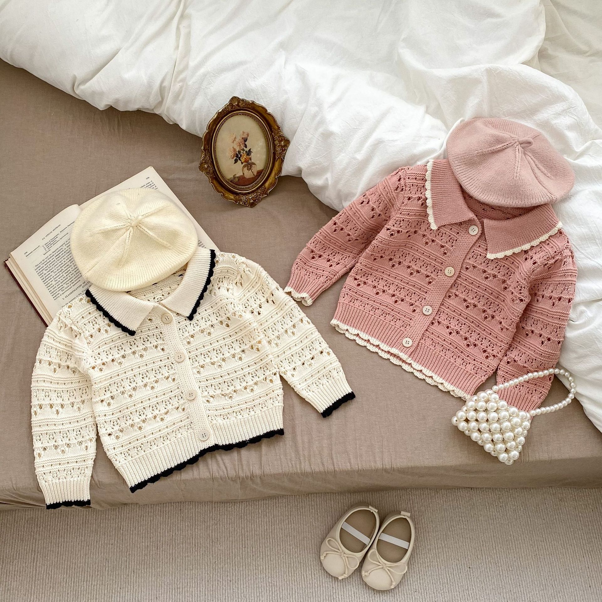 Picture of 2025 Spring Girls' Stylish Long-Sleeve Cardigan Infant Little Chanel-Style Lapel Knitted Hollow Sweater Jacket