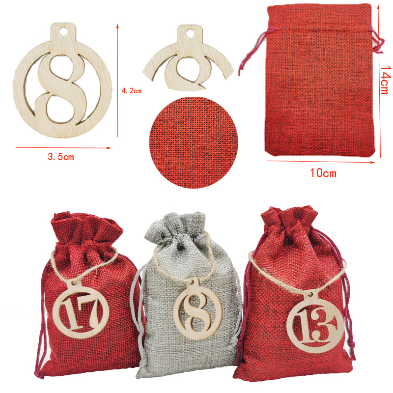 Christmas linen gift bag 1-24 digit countdown calendar hanging bag Christmas linen candy bag sticker set