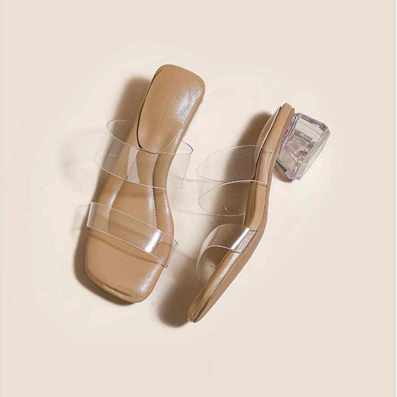 Transparent Sandals for Women 2025 New Summer Outer Slippers with Medium Heel and Thick Heel Crystal Sandals