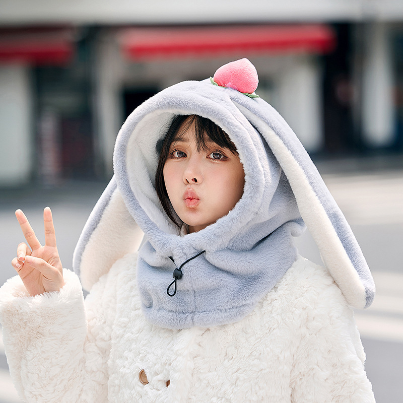 Picture of Winter Warm Peach Rabbit Mask Hat and Scarf Integrated Xiaomei Same Style Outdoor Skiing and Cycling Helmet Hat Cute