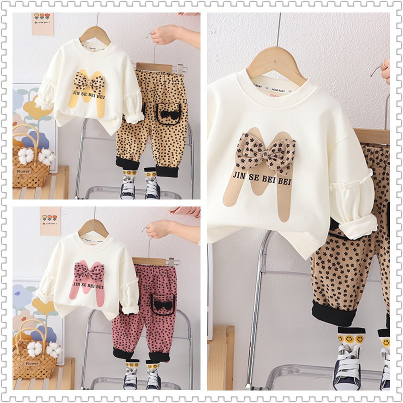 Picture of Korean style spring fashion baby fried street spring clothes idea big bow long sleeve suit trendy girls' long sleeve two-piece suit