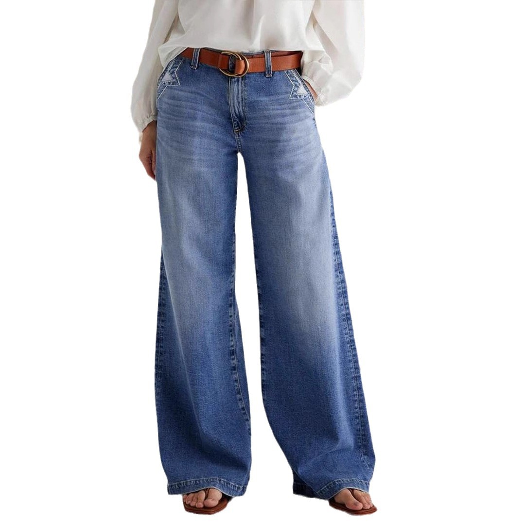 Picture of 2025 Spring New European and American Cross-border Retro Wide-leg Jeans Women's Embroidered Stretch Straight Pants Casual Trousers