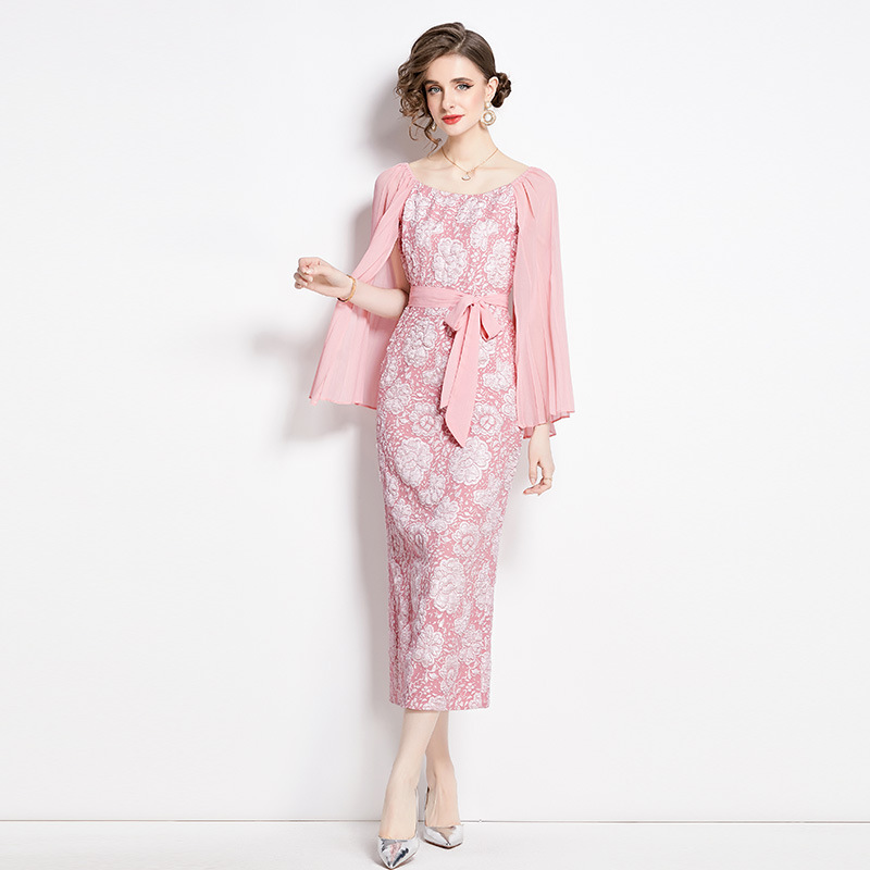 Fashionable light mature style socialite elegant flared long sleeve square collar waist slimming lace-up jacquard sheath dress dress