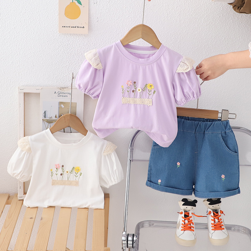 Infant Girls Stylish Short-sleeved Summer New Children's Clothing 2025 Girls Korean Style Top All-match Clothes suit