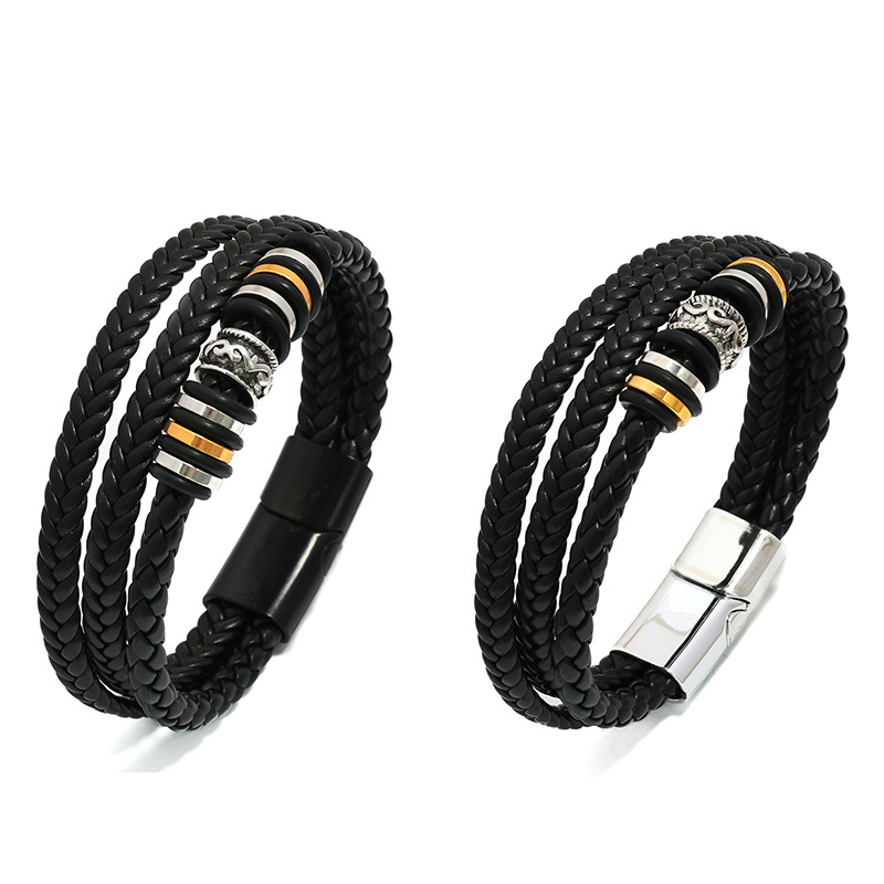 European and American Cross-Border Handmade Three-Layer Woven Ethnic Style Leather Bracelet Men's Fashion Alloy Beaded Bracelet Bracelet