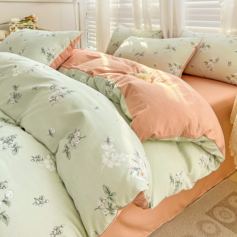 Picture of Class A Washed Double Yarn Cotton and Linen Four-piece Bed Sheet Cover Cover Three-piece Machine Washable Single and Double Bed Top Supplies