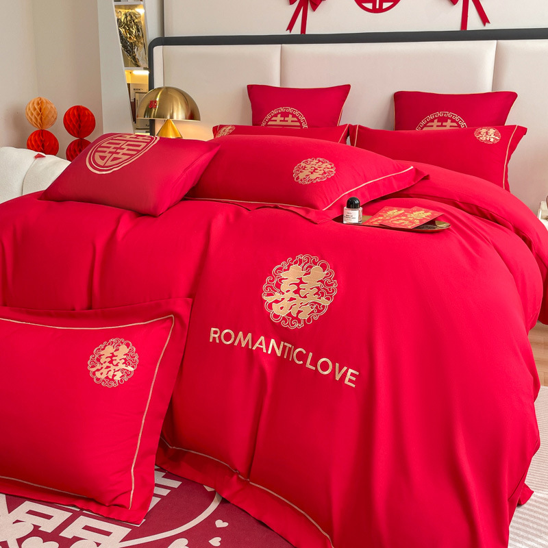 Picture of Comfortable Washed Thickeneded Brushed Wedding Embroider Four-Piece Set Red Wedding Quilt Cover Four-Piece Fitted Sheet Set
