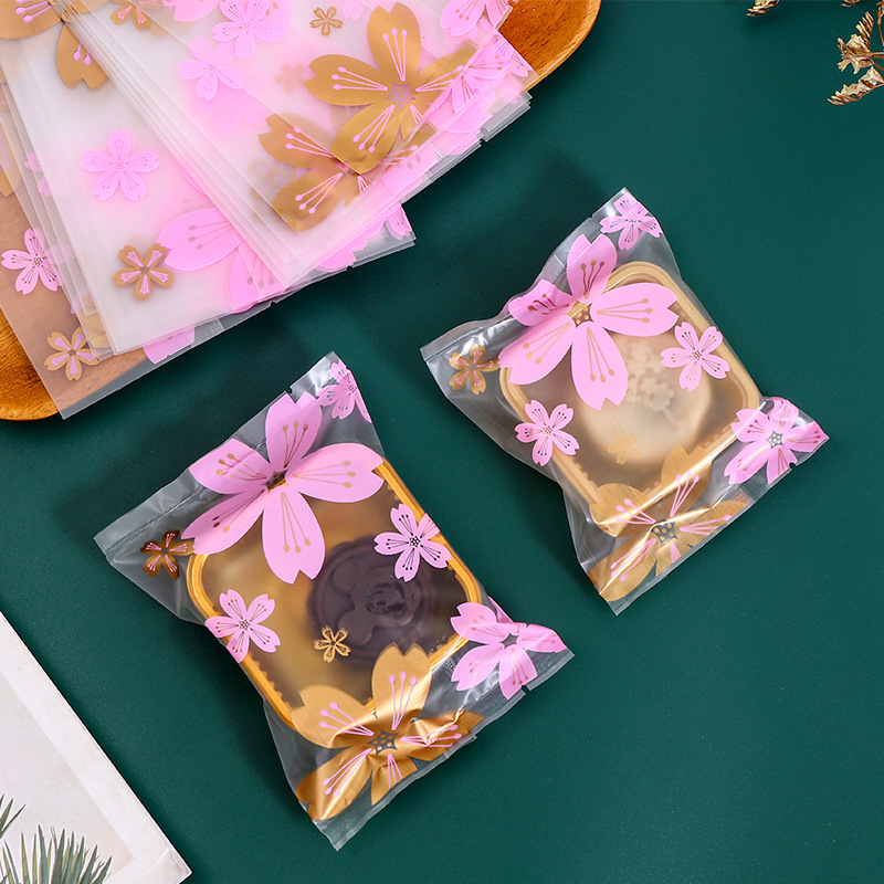 Mid-Autumn Moon Cake Bag Cherry Blossom Hot Stamping Sanding Machine Bag with Bottom Cantonese Ice Skin Moon Cake Food Packaging Bag