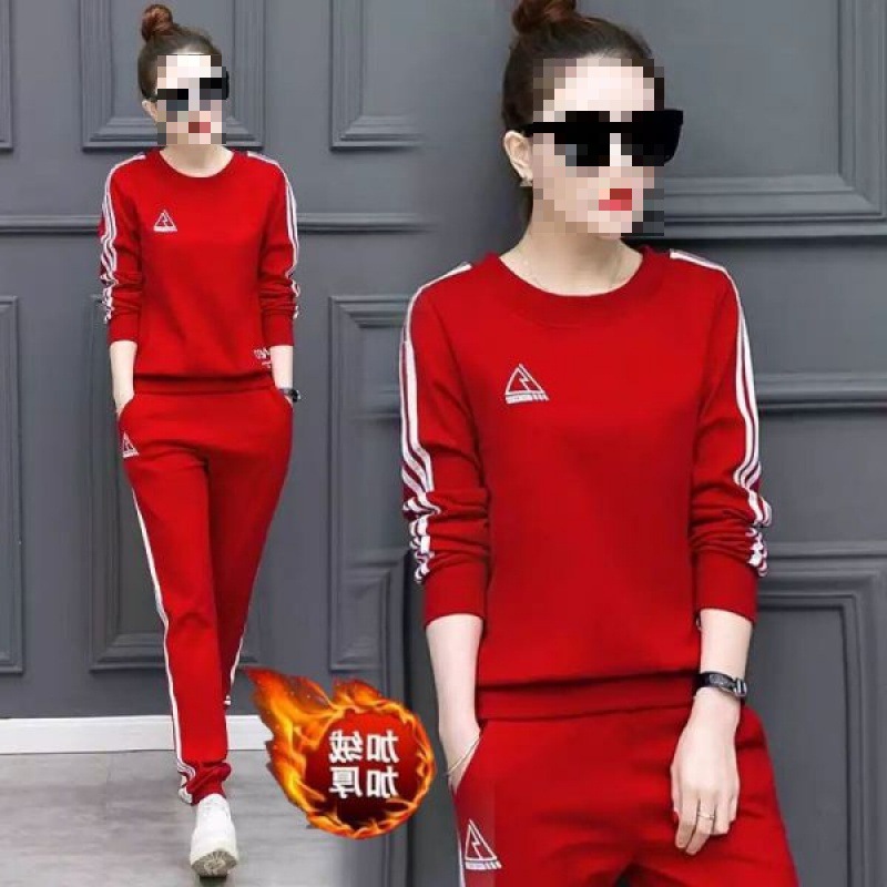 Cross-border 393# fleece-lined Thickened Sports suit Women's Autumn and Winter Korean New plus size Casual Long Sleeve Two Pieces