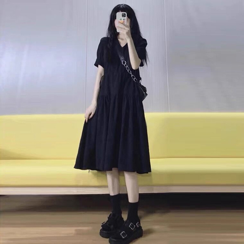 Picture of Women's Summer Solid Color Drawstring Niche Design Sense V-Neck Korean Style Gentle Style Temperament Advanced Sense Black dress