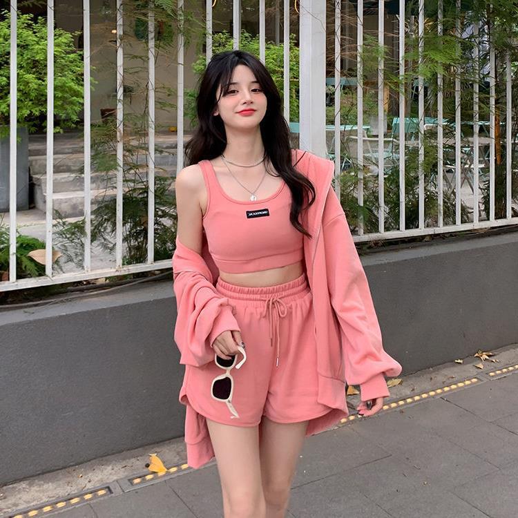 Women's casual pants sports running pants fashion zipper vest chain set spring and summer three coat mail girl student suit New