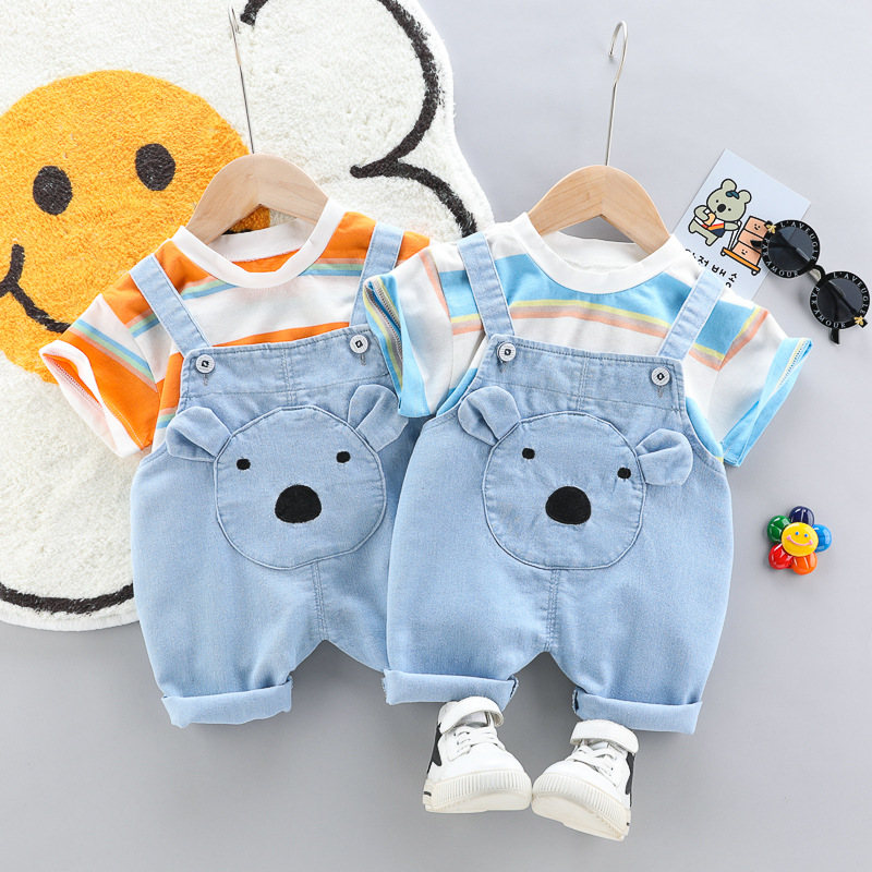 Children's suit for boys and girls striped simple two-piece summer casual baby wholesale T-shirt Korean cotton for young children