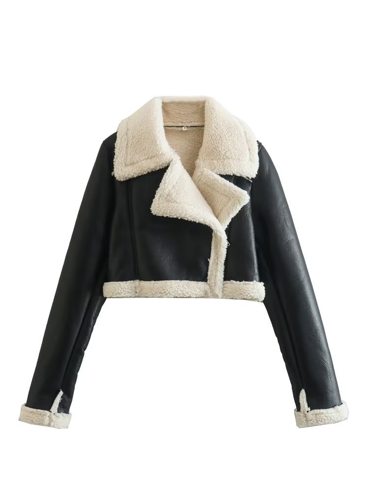 Picture of 2024 autumn and winter new European and American style double-sided loose short PU leather jacket zipper decoration fur one-piece leather jacket