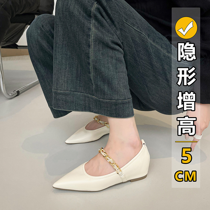 Women's Shoes Specially Designed for Winter, High-End Shallow Fashion White Mary Jane Shoes with Internal Height Increase and Slimming Effect