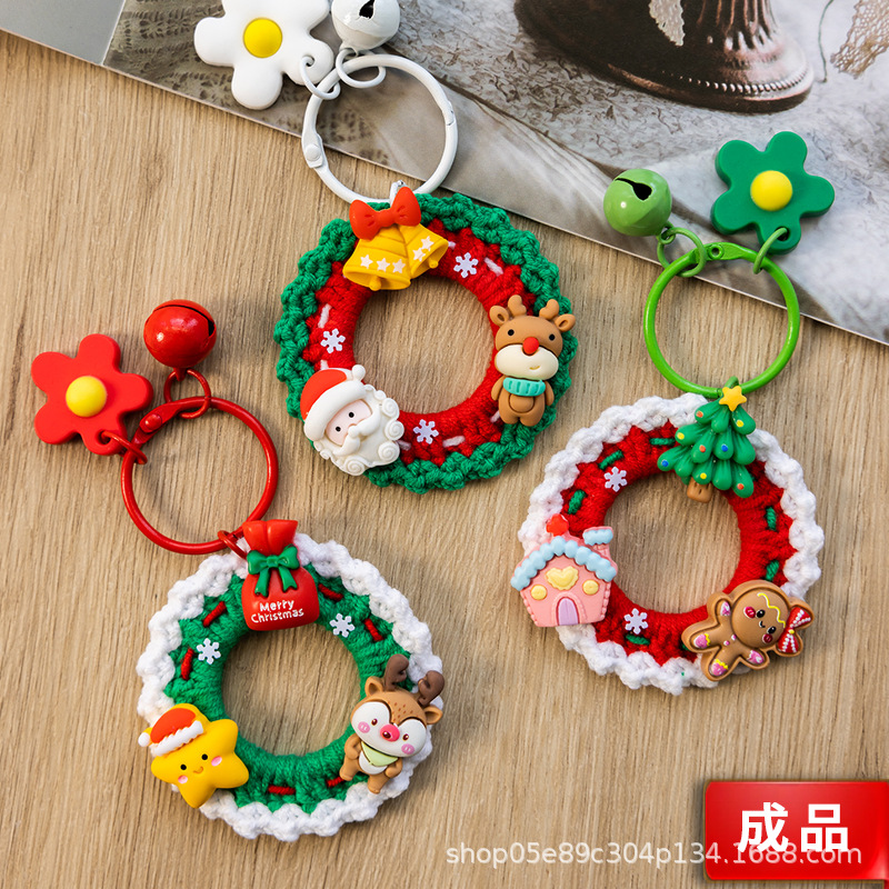 Picture of Christmas Wreath Keychain Pendant Wool Crochet Handmade Diy Crochet Hand Made Homemade