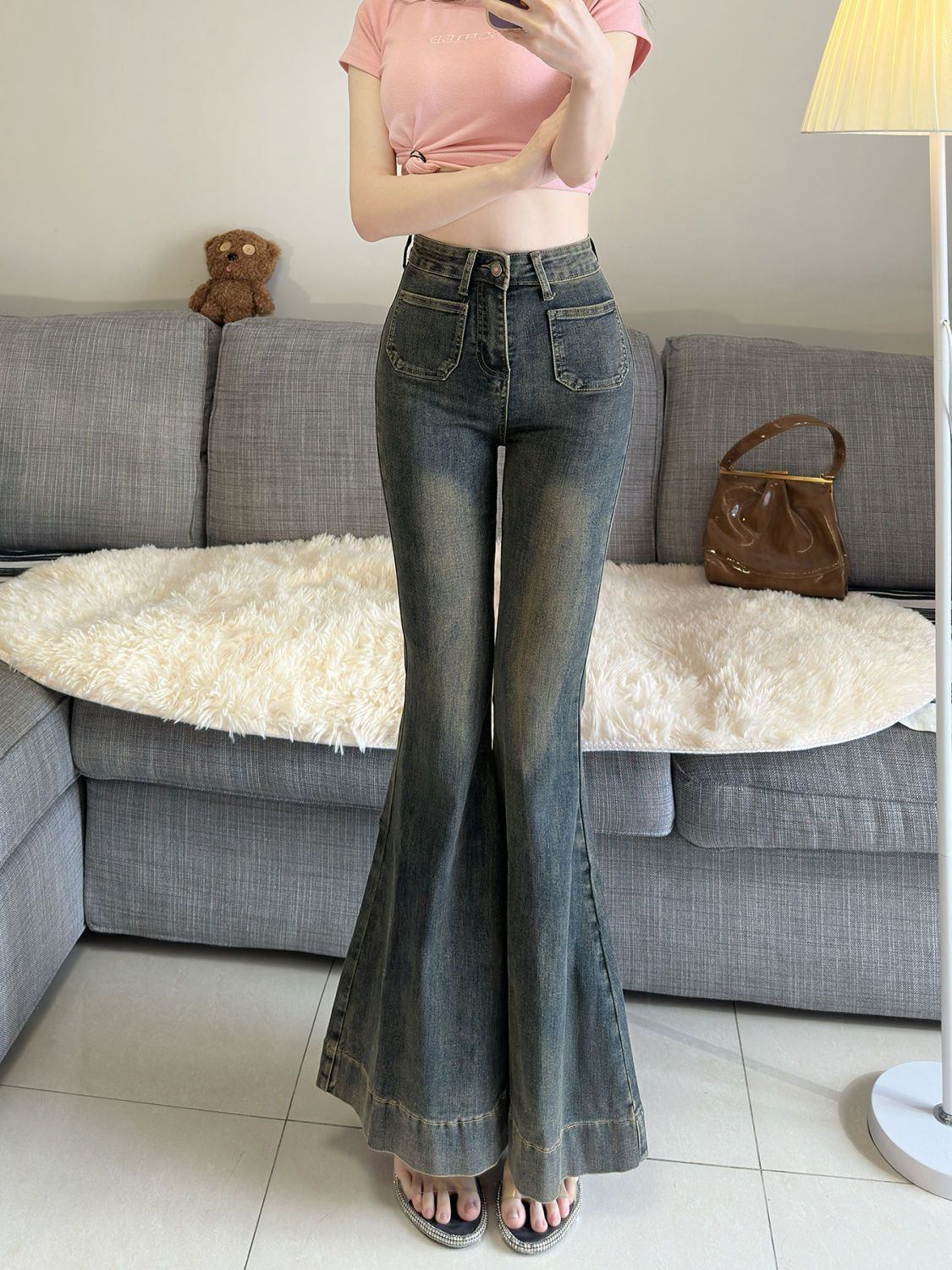 2025 Spring and Autumn Large Flare American Retro Blue Easiest for Match High Waist Washed Jeans Women's New Slim Pants Trendy