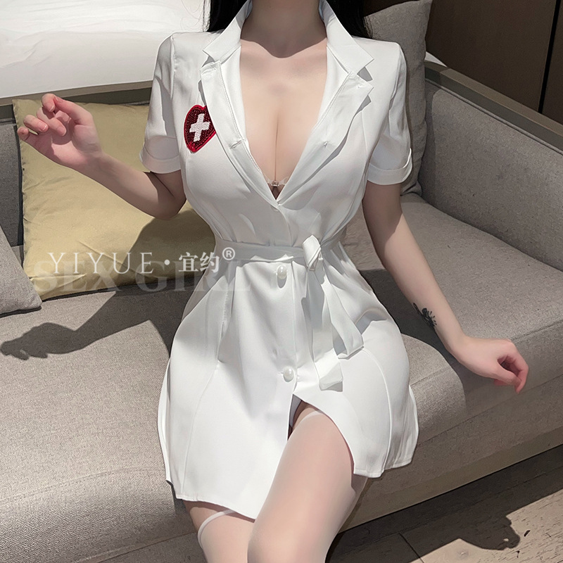 Yiyue Sexy Lingerie Sexy Nurse Clothing Hot Cardigan Lace-up Pajamas Female Cosplay Uniform Set 8580