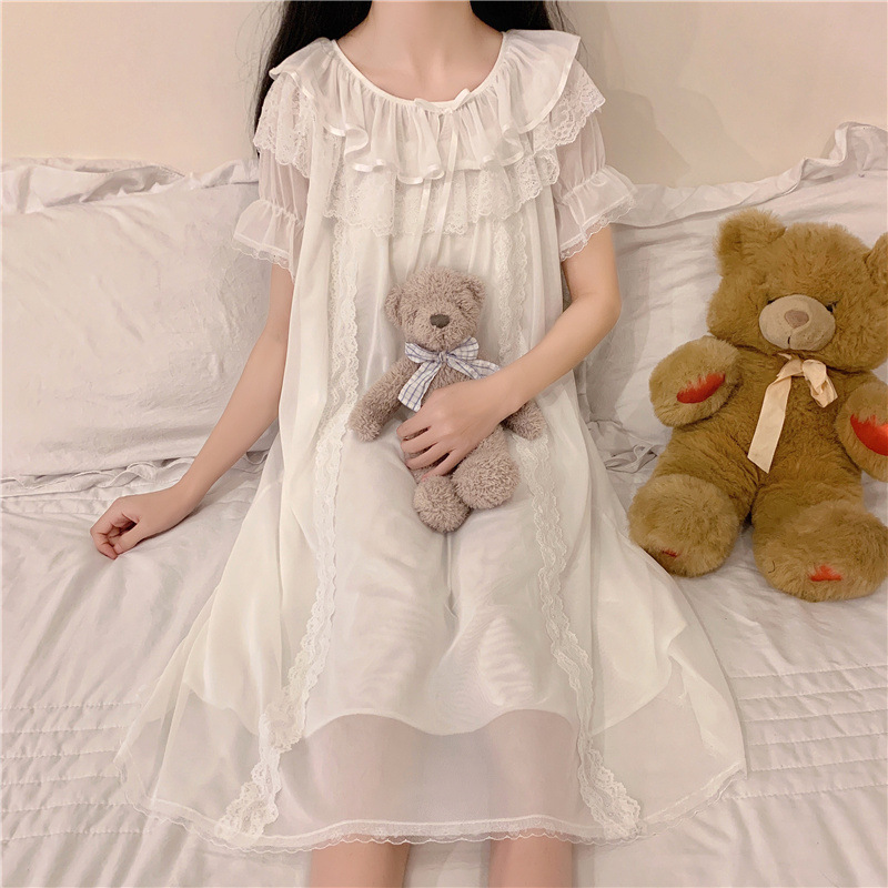 Real shot 2022 summer new mesh lace stitching bow long short sleeve dress nightgown women Wholesale