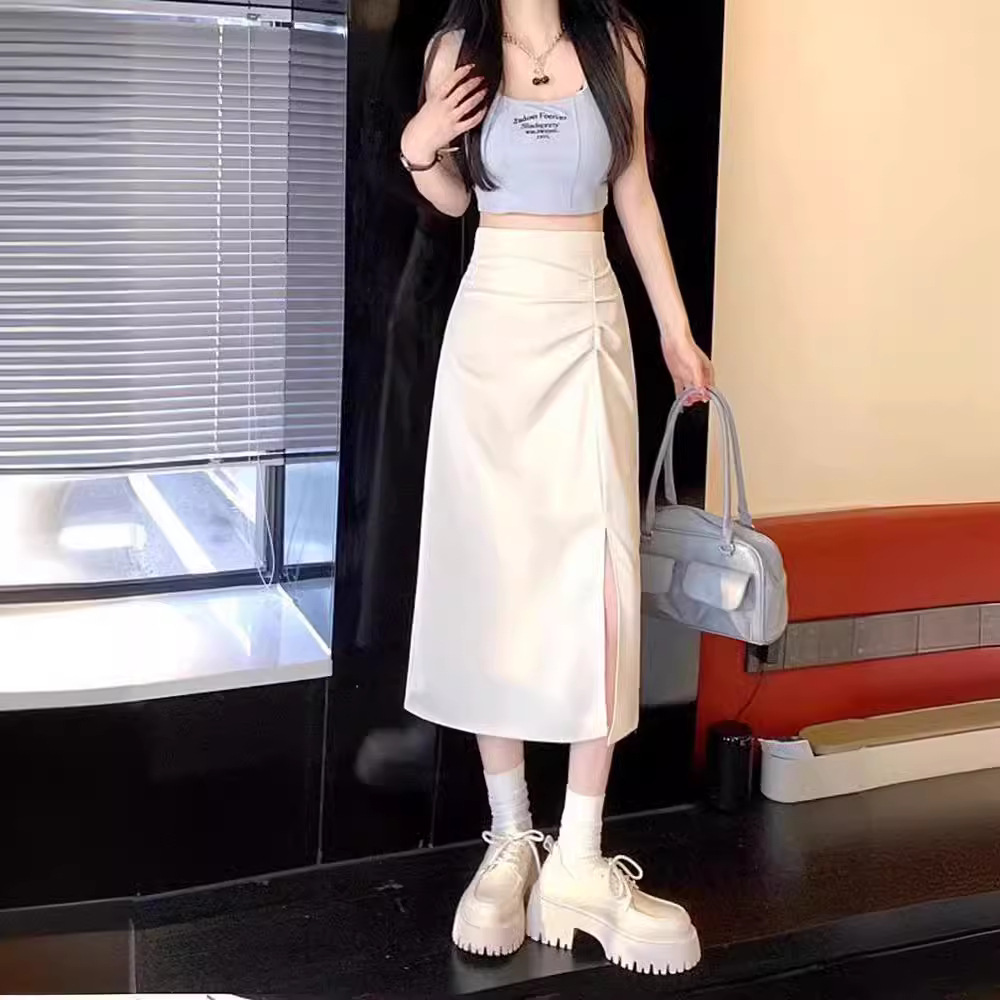 Split Skirt Women's 2024 Spring Pleated Design High Waist Slimming Mid-length Fashionable Korean Style Hip Skirt