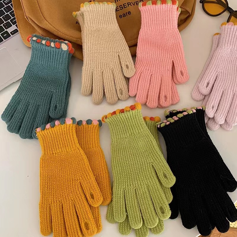 2023 New Knitted Gloves Women's Winter Warm fleece-lined Finger Riding Touch Screen Finger All-match Sugar Bean Gloves