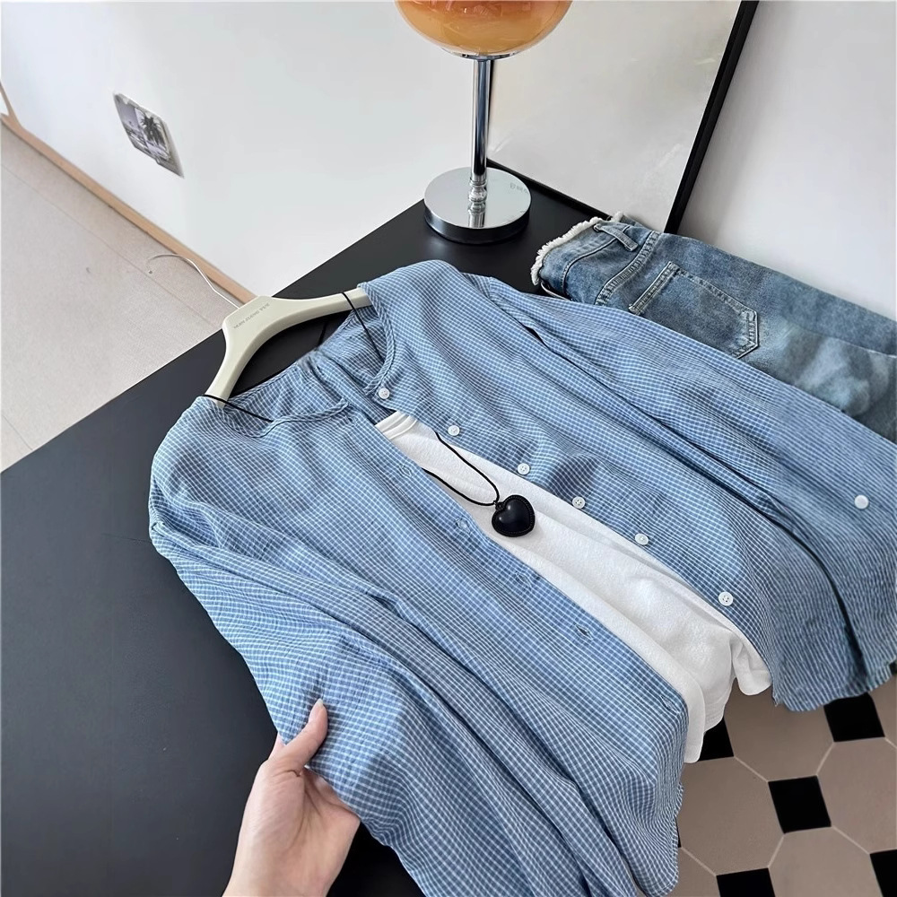 Picture of Korean Style Lazy Style Blue Plaid Long-Sleeved Sun Protection Shirt for Women Summer New Loose Shirt Casual Thin Top