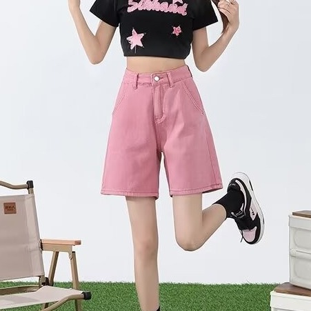 Green Denim Shorts for Women, Summer Thin American-Style Knee-Length Shorts, High-Waisted, Slimming, Loose A-Line Wide-Leg Mid-Length Shorts
