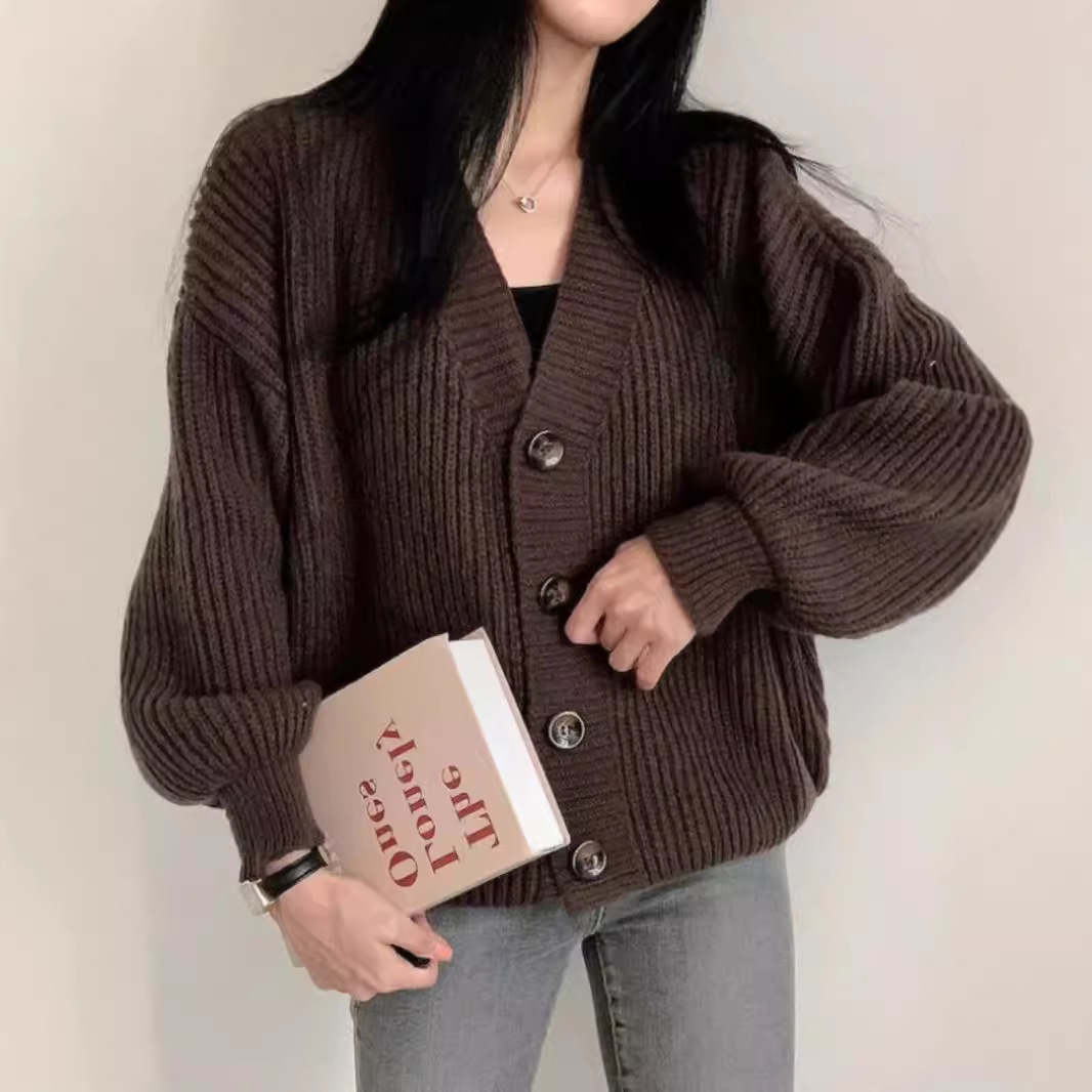 Picture of Early Autumn New Versatile Sweater Jacket for Women Loose Large Version Lazy Lantern Sleeve Warm Thick Knitted Cardigan Gray